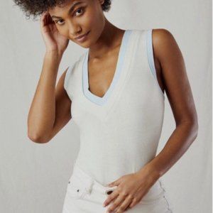Free People Intimately Cozy Cool Girl Ivory Blue V-Neck Bodysuit Size XS NEW